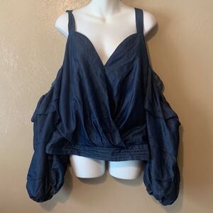 Ashley Stewart Chambray Cold Shoulder Surplice W/ Ruffle Sleeves